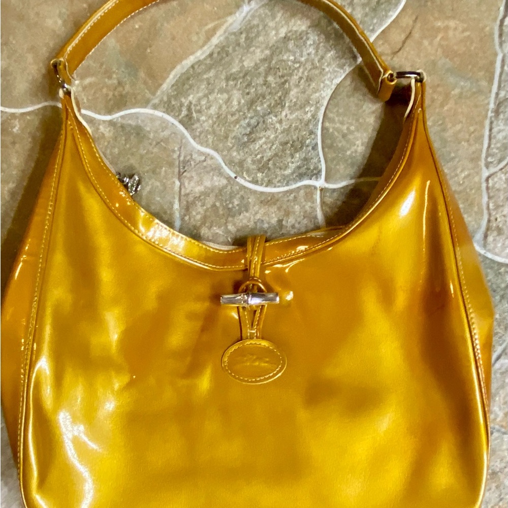 LONGCHAMP Gold Patent Leather Purse Tote Bag  Hobo Zip Closure **OFFERS WELCOME